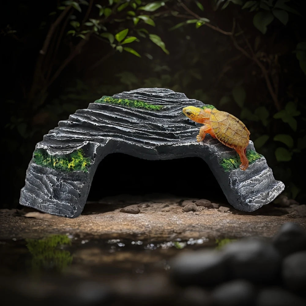 Resin Rock Cave Decoration Hideout Cave Sunbathing Platform for Pet Cages Fish Tanks Mini Amphibians Snake Gecko Money Turtles